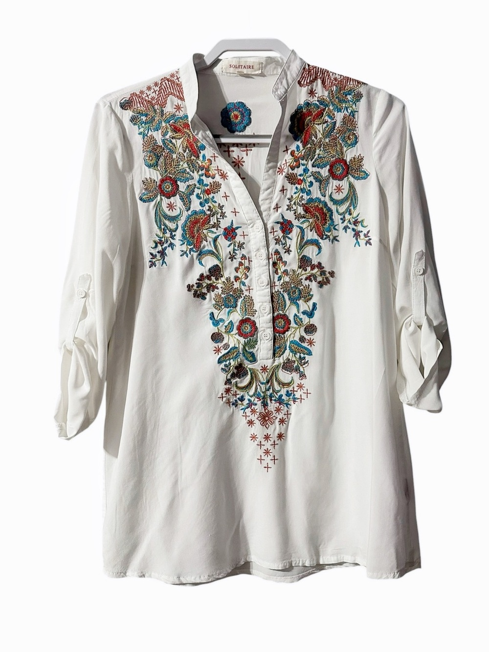 Solitaire White Floral Embroidered Tunic Shirt